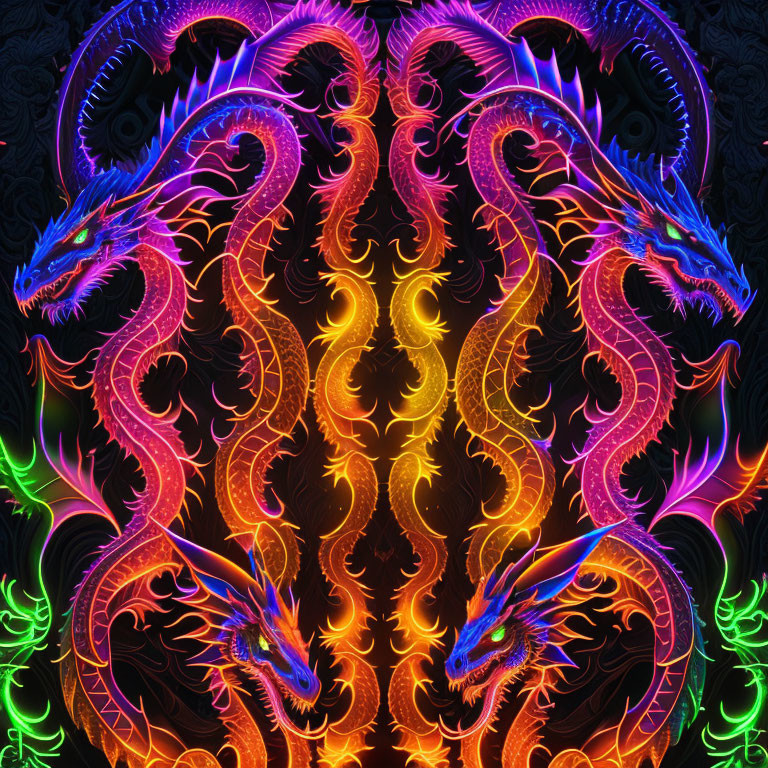 Symmetrical neon dragon image with fiery motif on dark background