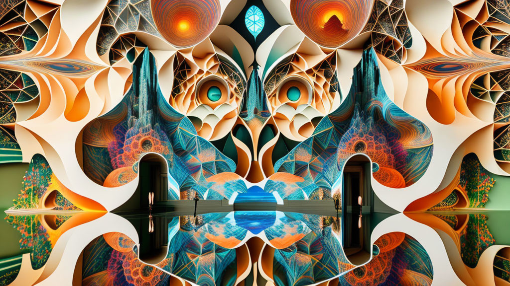 Symmetrical digital artwork with vibrant colors and abstract shapes