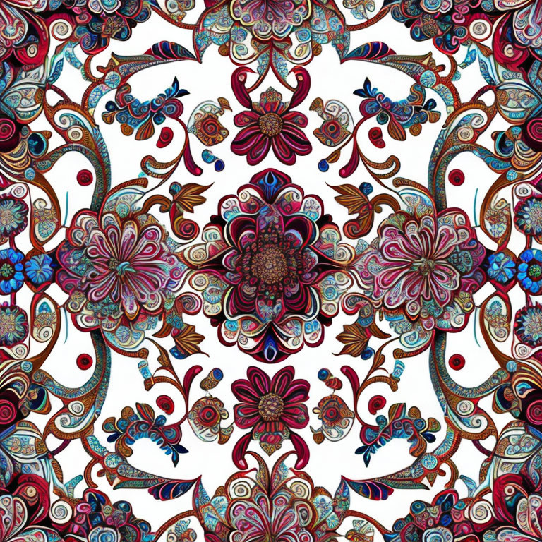 Symmetrical Floral Pattern in Red, Blue, and Earth Tones: Traditional Paisley Design