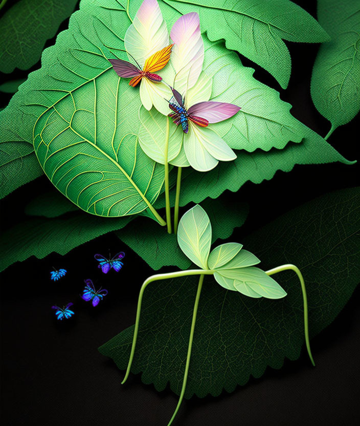 Stylized mantis and butterflies made from green leaves on dark background