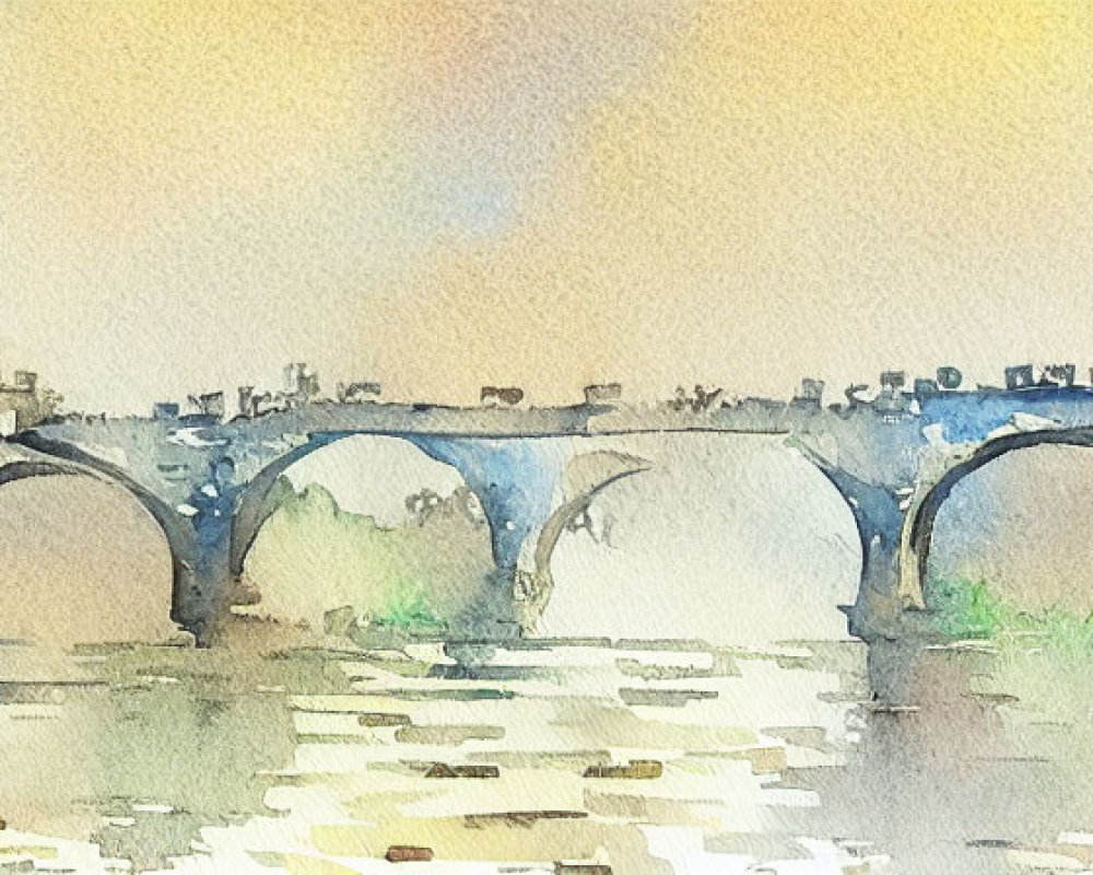 Tranquil river scene: Watercolor painting of old arched bridge