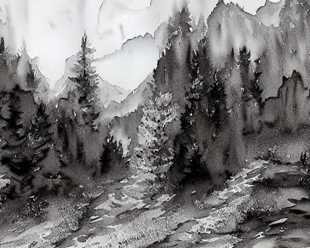 Monochrome watercolor landscape of forested mountain valley