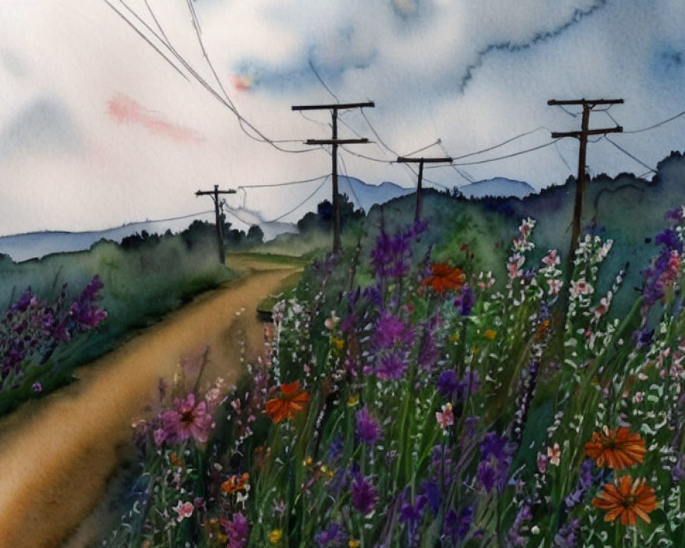 Country road with wildflowers and telephone poles under cloudy sky