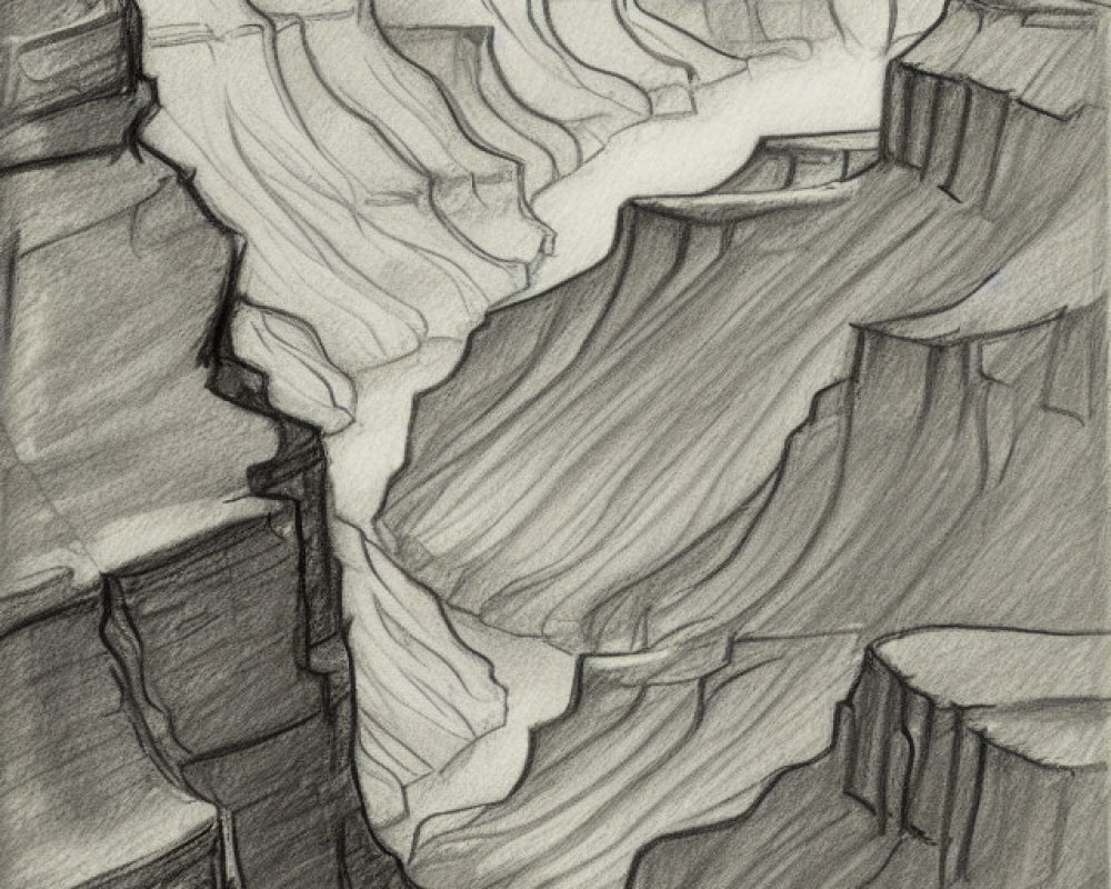 Rugged canyon pencil sketch with layered rock formations and river path under subdued sky