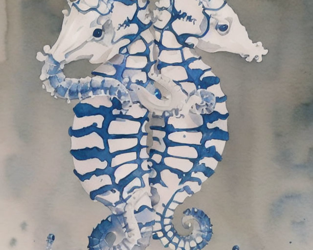 Blue seahorses in intricate patterns on soft blue and gray backdrop