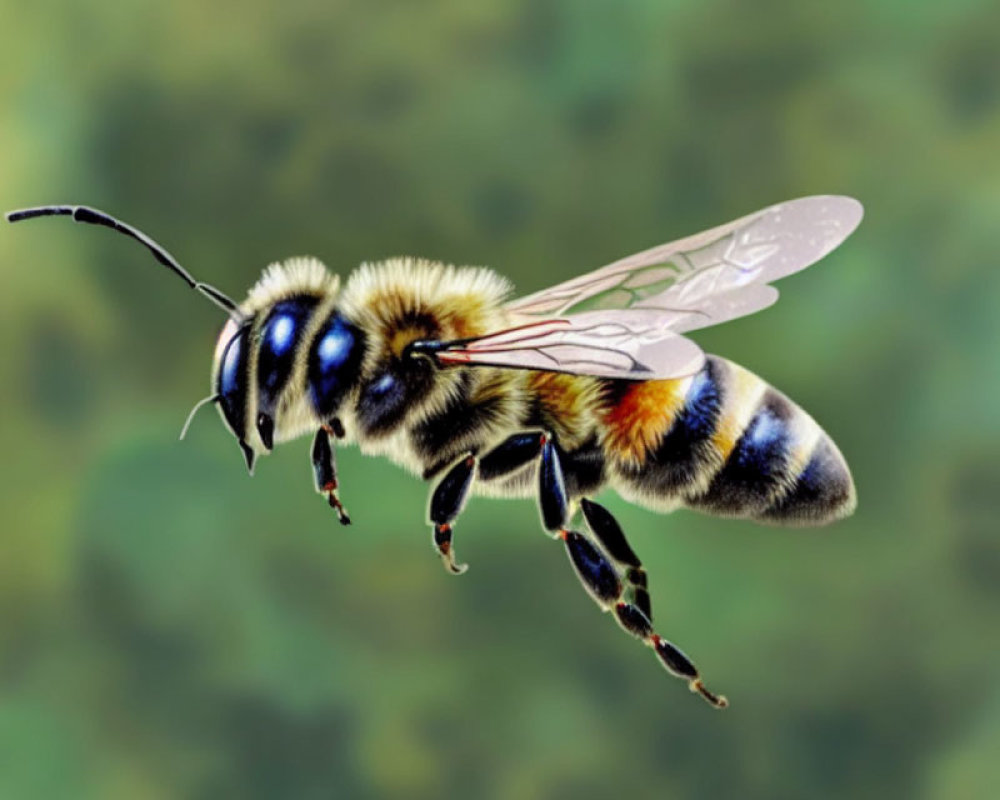 Detailed close-up of bee in flight with blue-patterned eyes, delicate wings, and striped abdomen.