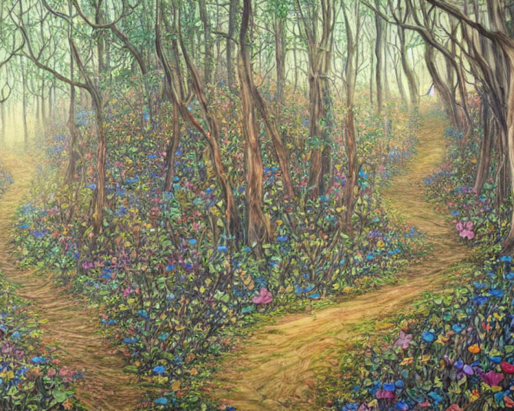 Vibrant forest scene with split path and colorful flowers in haze