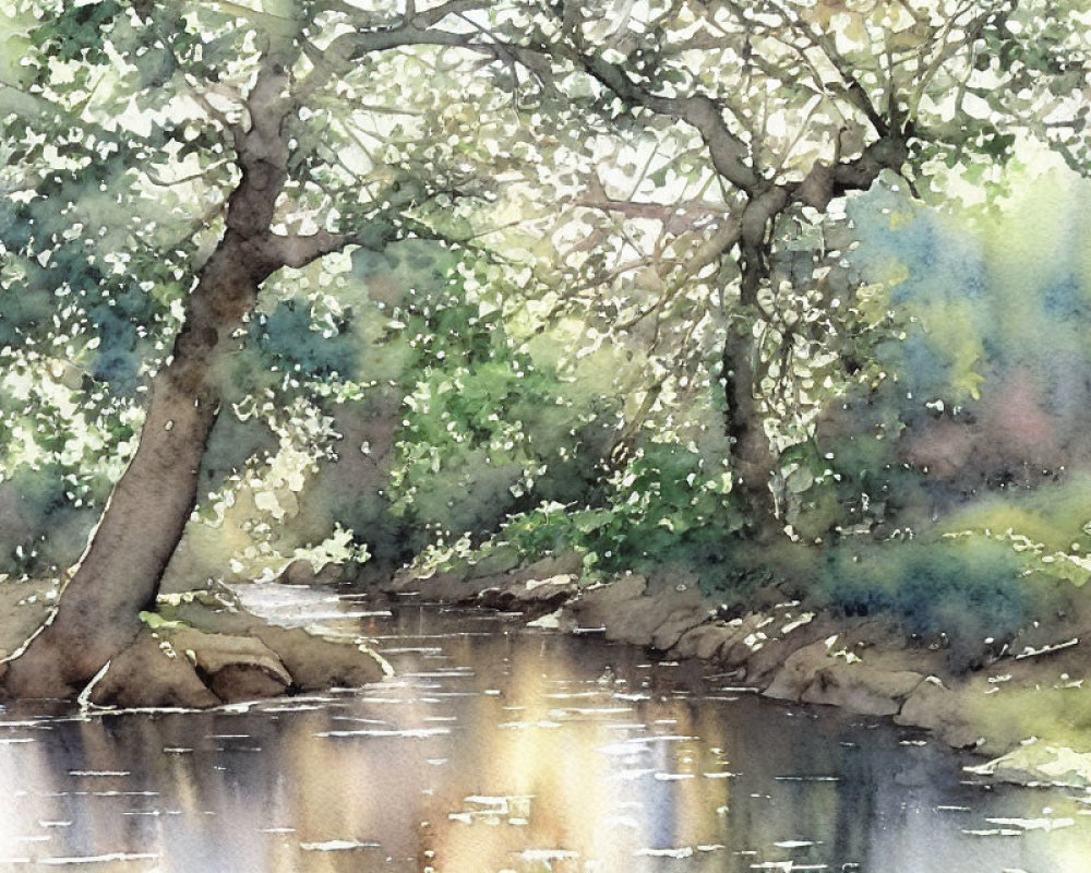 Serene watercolor painting of stream and trees