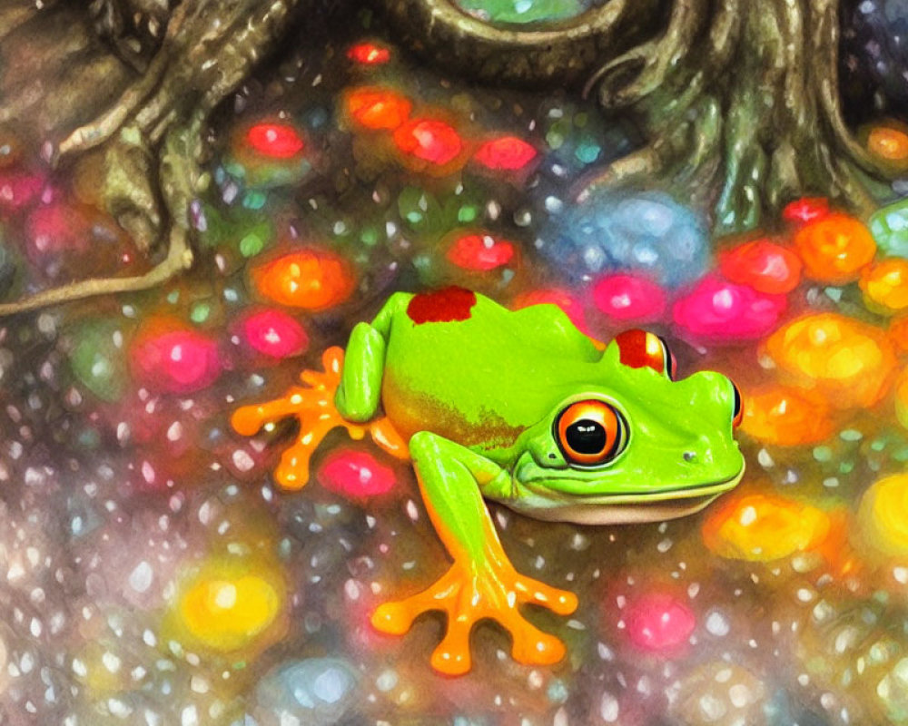 Colorful Green Frog with Orange Feet on Bokeh Forest Background