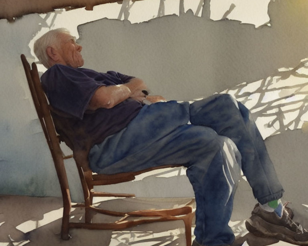 Elderly man relaxing in a rocking chair under dappled sunlight