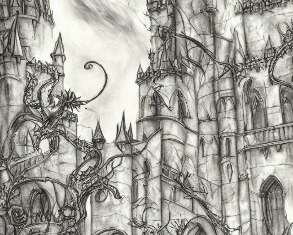 Detailed Pencil Sketch of Gothic Fantasy Castle with Spires, Thorny Vines, and Dragon Creature