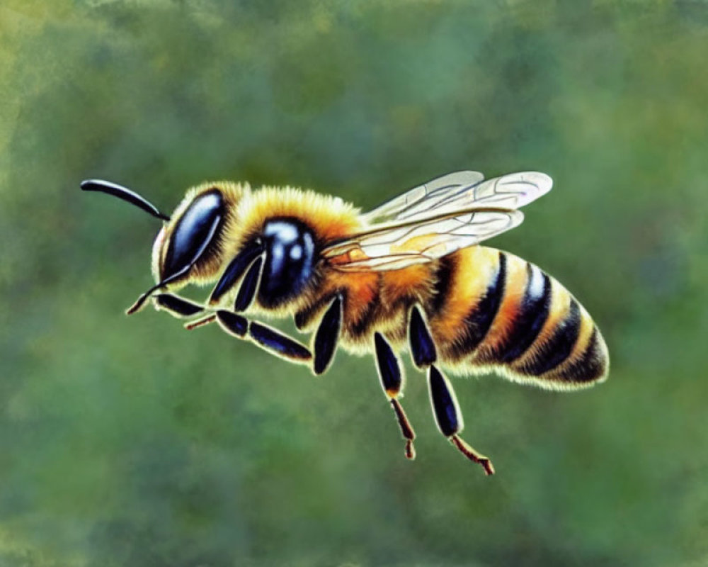 Detailed Illustration: Honeybee in Mid-Flight with Blurred Wings on Green Background