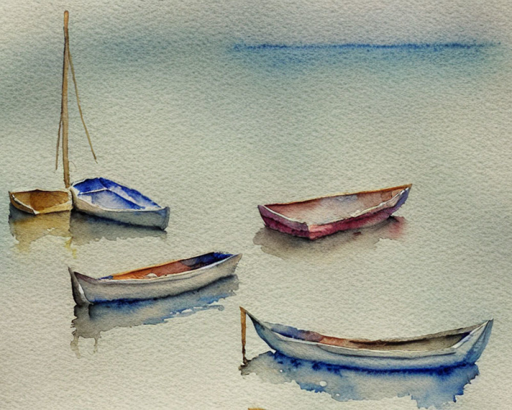 Tranquil watercolor painting of four boats on calm water