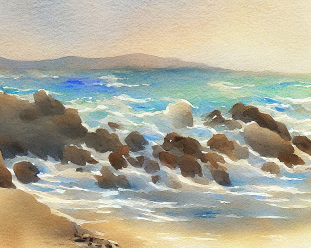 Rocky Shoreline Watercolor Painting with Frothy Waves and Hazy Sky