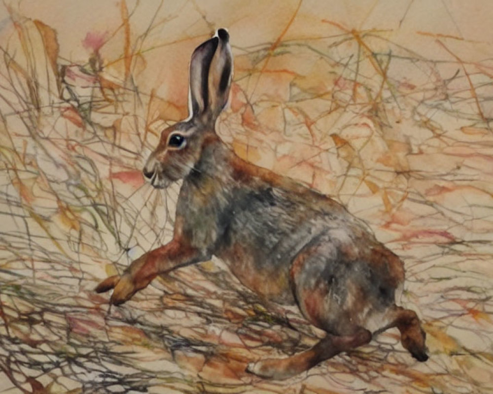 Watercolor painting of hare mid-leap on grassy background