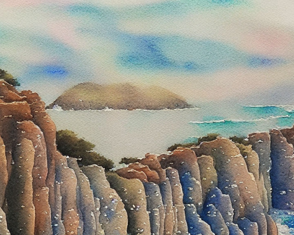 Serene coastal cliffs watercolor painting landscape