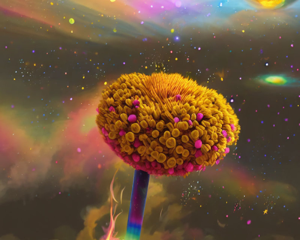 Colorful Tree Illustration with Mushroom Canopy in Cosmic Setting