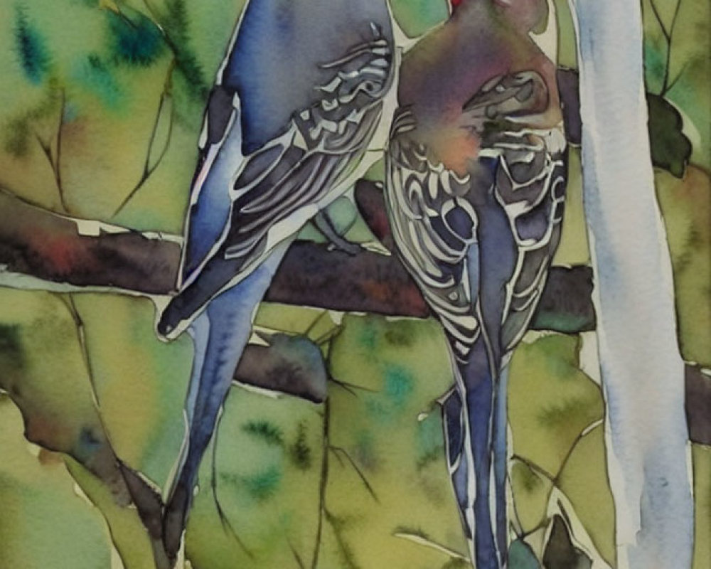 Stylized birds on branch in watercolor painting