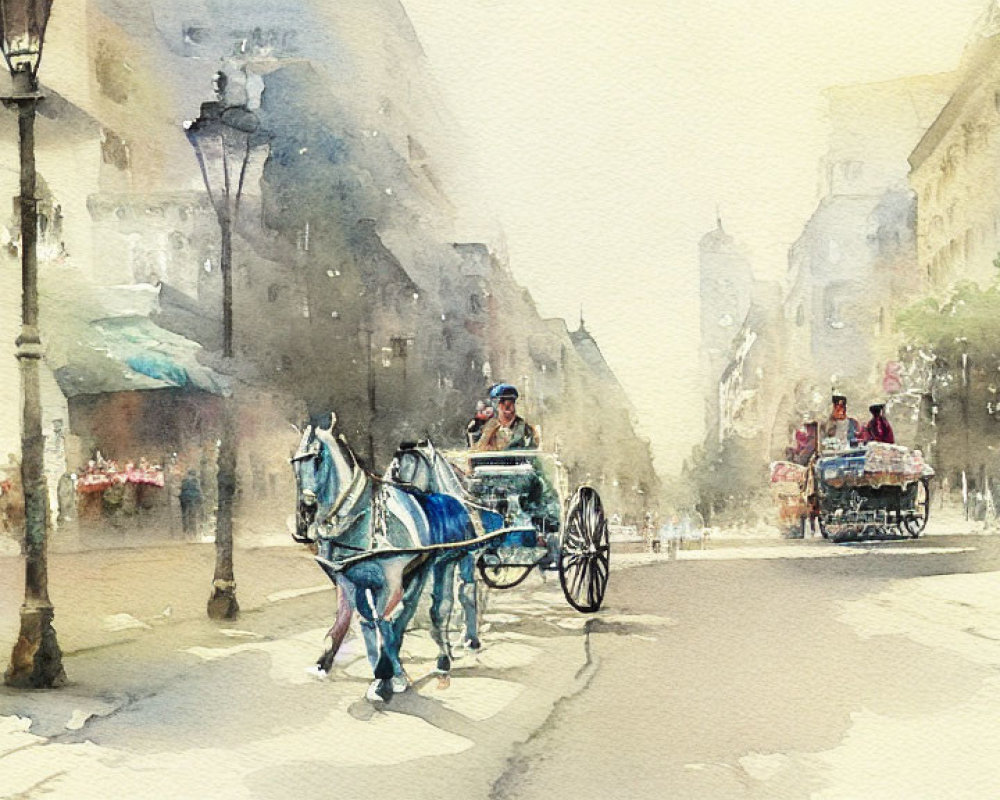 City street watercolor painting with people, carriage, and vintage lamps in soft tones