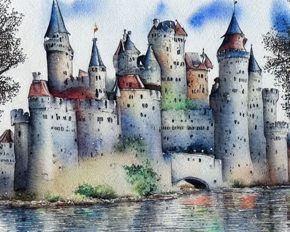 Watercolor painting of medieval castle with towers and spires reflected in water, beside leafless tree.