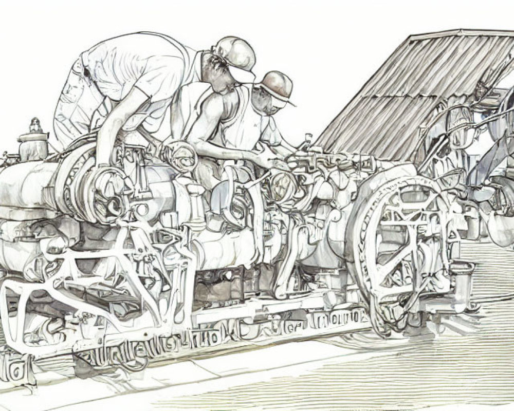 Three people repairing vintage machine with tools in sketch illustration