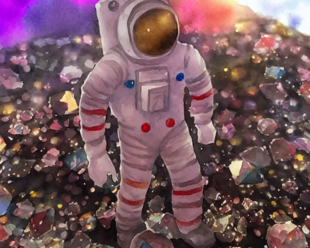 Astronaut in white spacesuit on colorful alien planet with nebula.