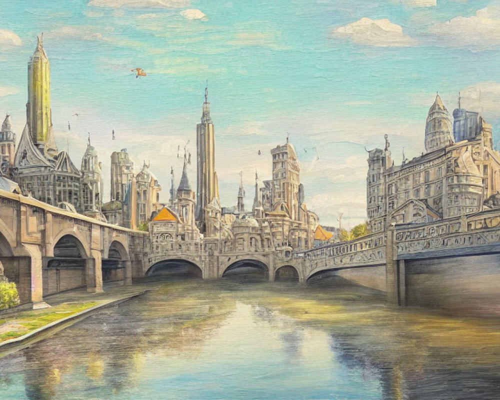 Idyllic cityscape painting with historic buildings and bridge over calm river