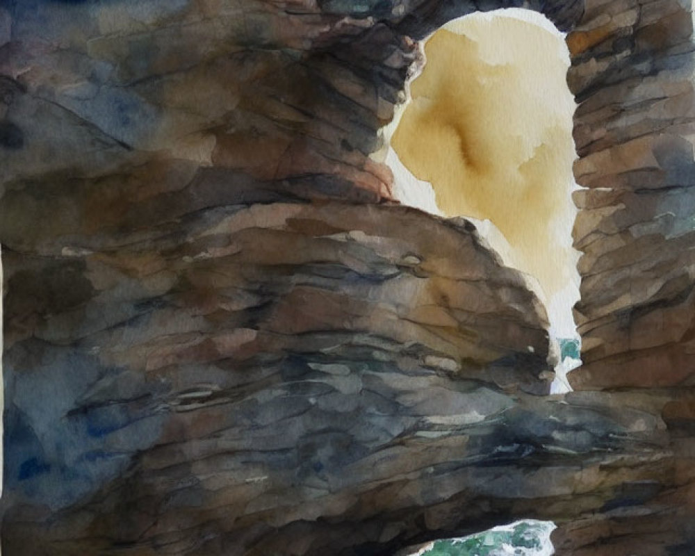 Nature-inspired watercolor painting: rocky arch, ocean view, blue, brown, and green tones