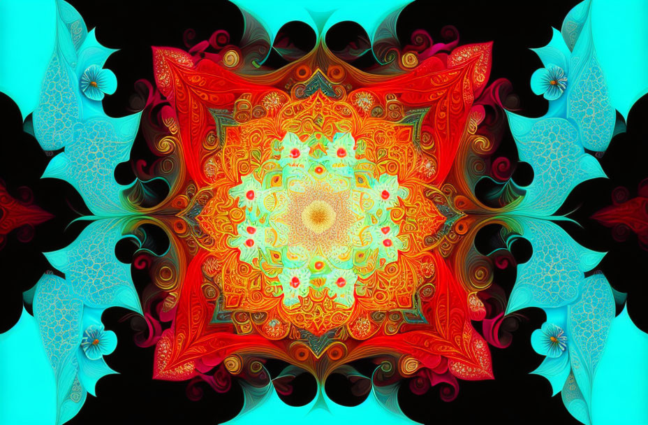 Symmetrical fractal design in red, orange, and blue hues with floral and mandala motifs