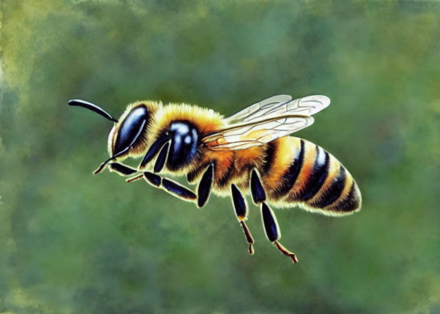 Detailed Illustration: Honeybee in Mid-Flight with Blurred Wings on Green Background