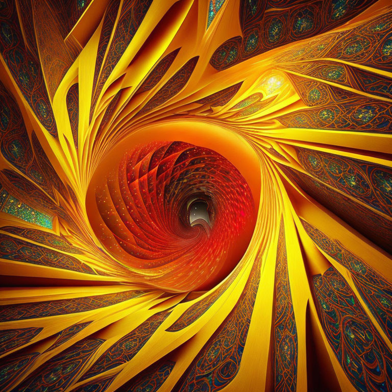 Colorful Digital Fractal Spiral in Orange, Red, and Gold Patterns