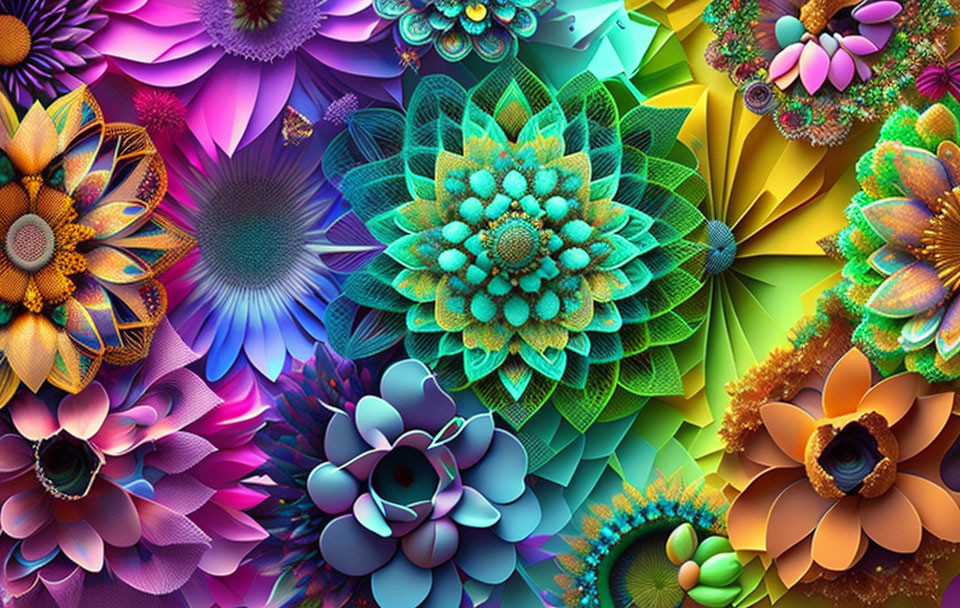 Colorful Digital Collage of Intricate Flower Patterns in Purple, Blue, Green, and Orange