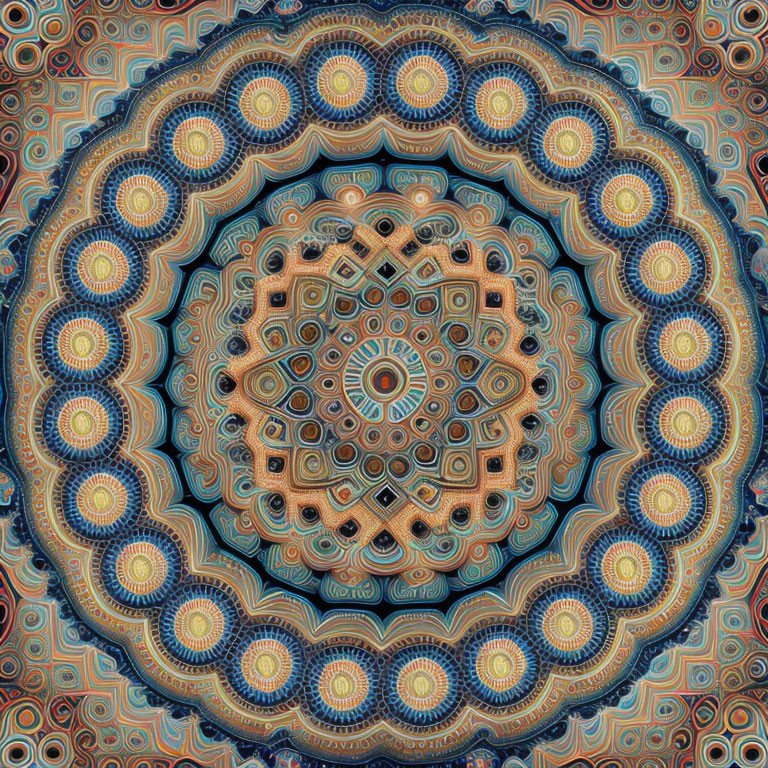 Symmetrical Earthy Mandala Design with Blue Accents