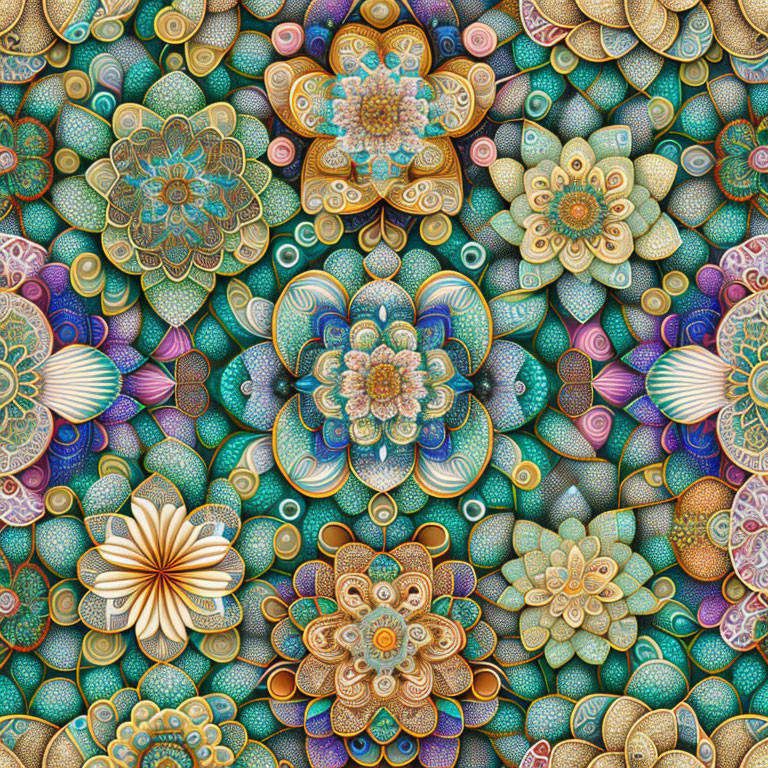 Colorful digital artwork of layered fractal flowers in blues, greens, and oranges