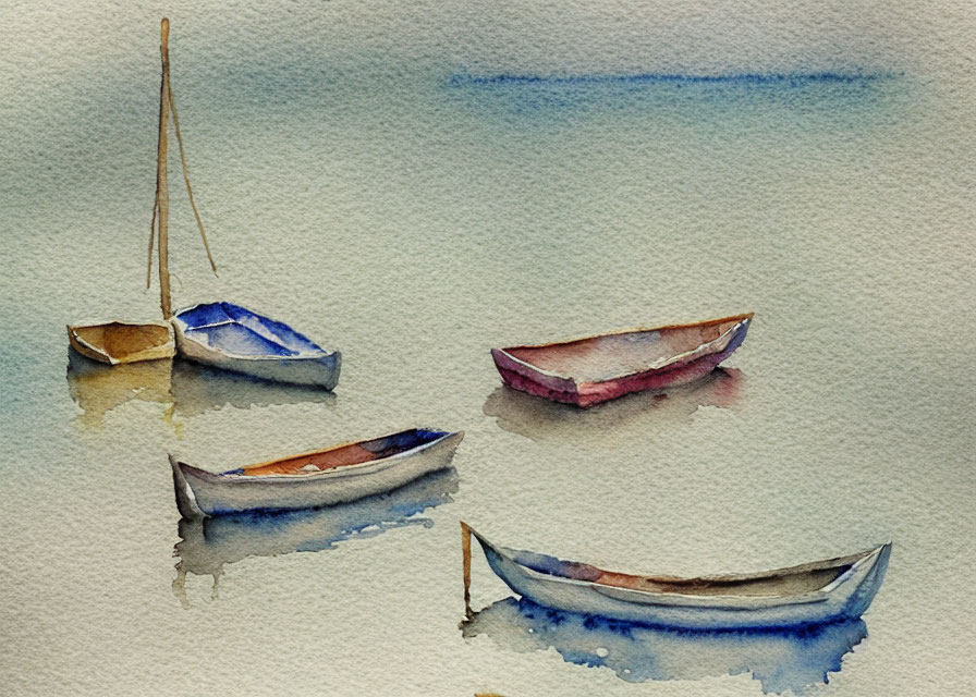 Tranquil watercolor painting of four boats on calm water