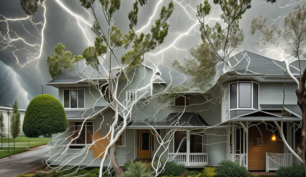 Spacious suburban house with porch under stormy sky and lightning.