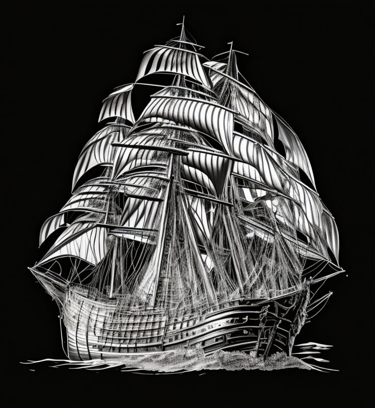 Detailed Monochromatic Tall Ship Illustration