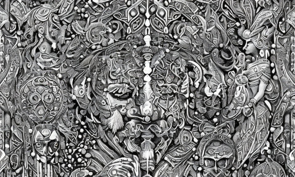 Intricate Monochrome Doodle with Hidden Faces and Abstract Patterns