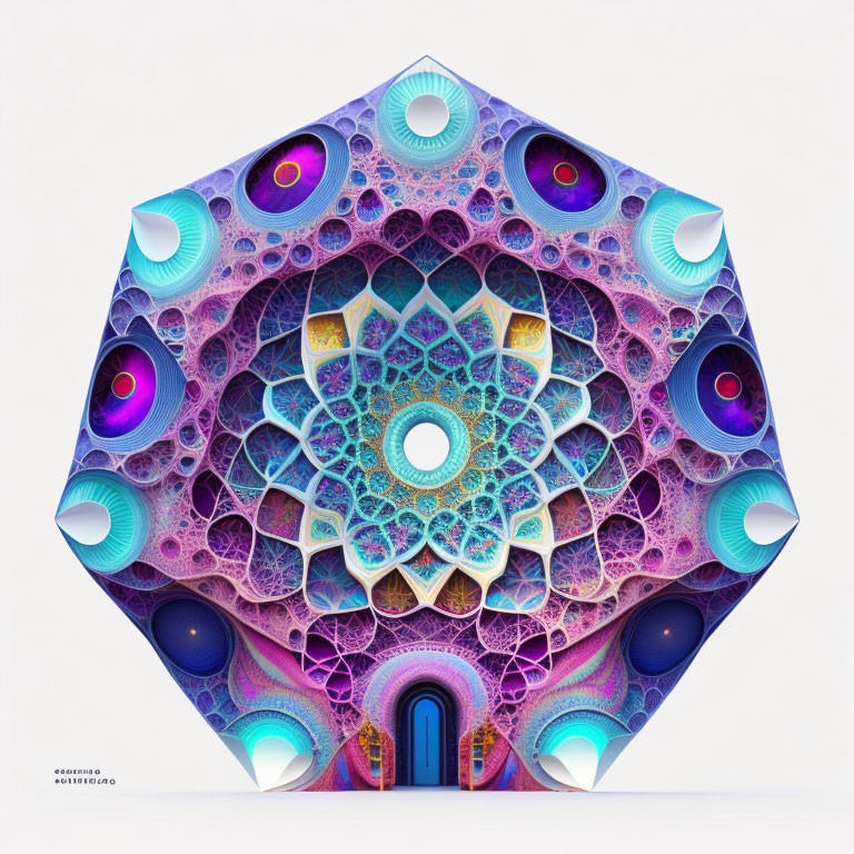 Psychedelic digital artwork: Hexagonal structure, fractal patterns, vibrant colors, eyes, and