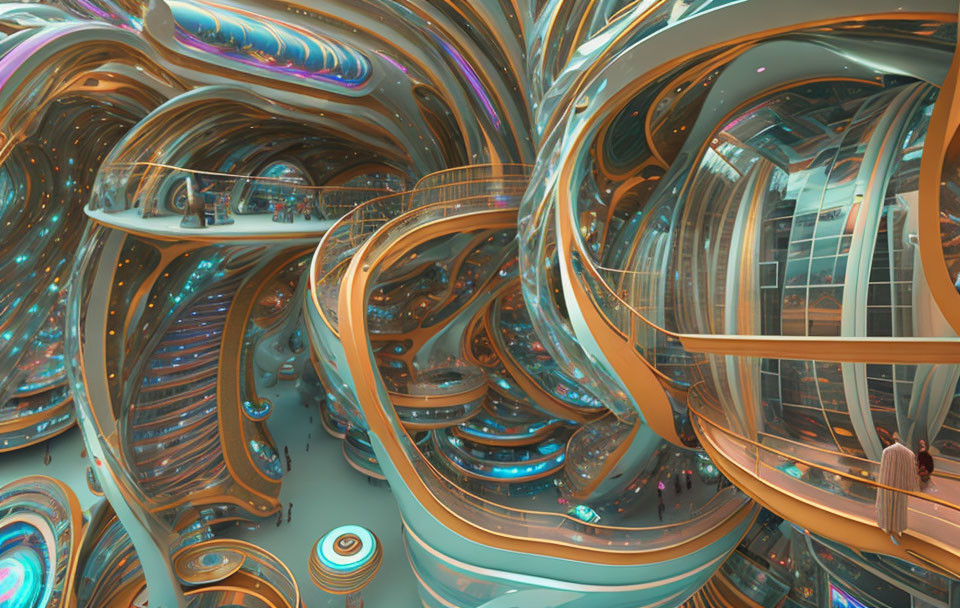 Swirling Orange-Gold Structures in Futuristic Interior