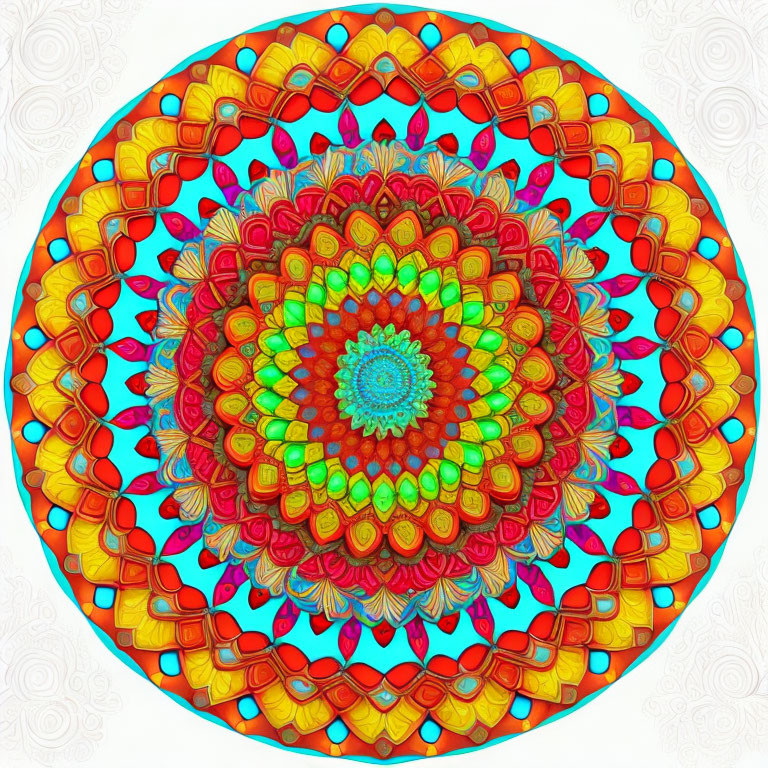 Colorful Circular Mandala with Symmetrical Patterns in Red, Orange, Yellow, and Blue