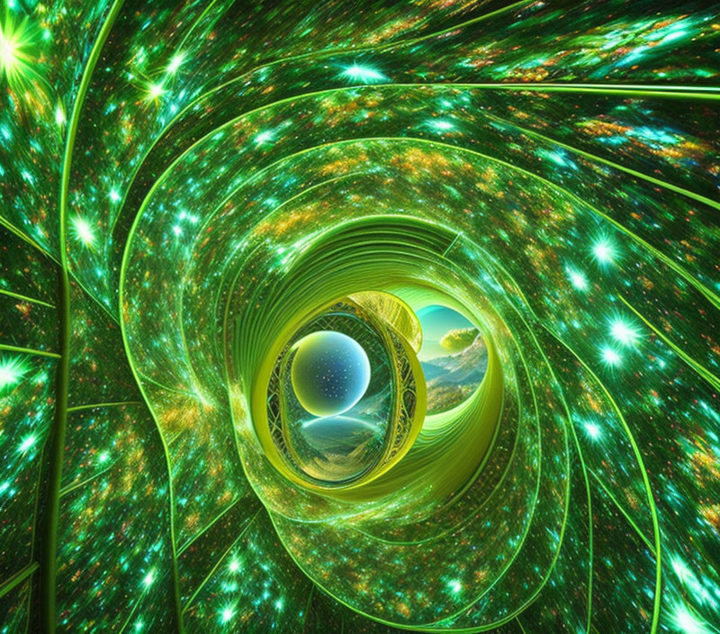 Colorful fractal art with green swirls, lights, and spherical shapes.