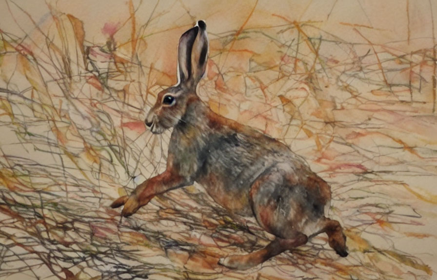 Watercolor painting of hare mid-leap on grassy background