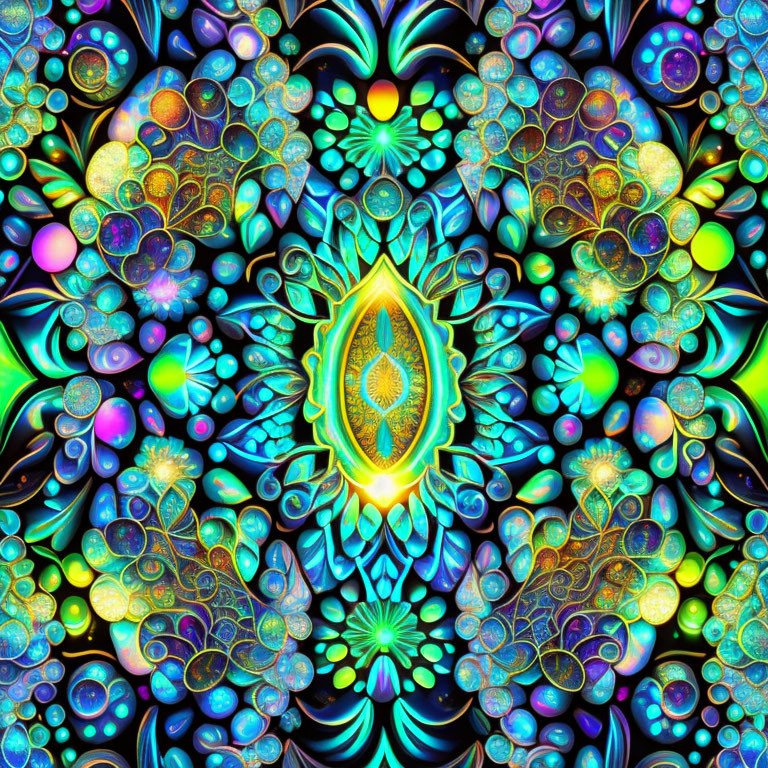 Symmetrical fractal image in blue, green, and yellow hues with bubble-like and floral motifs