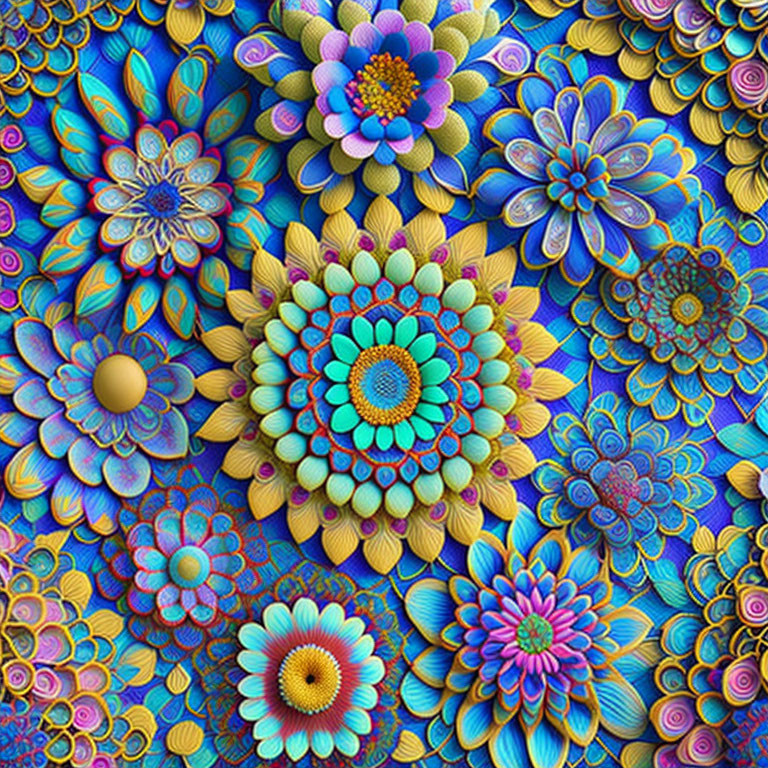 Symmetrical Multicolored Flower Artwork with Textured Patterns