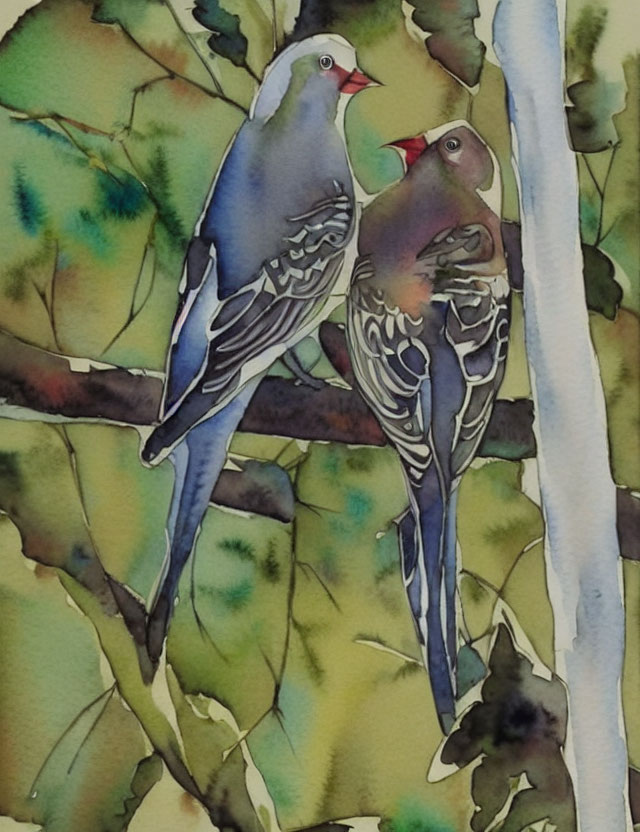 Stylized birds on branch in watercolor painting