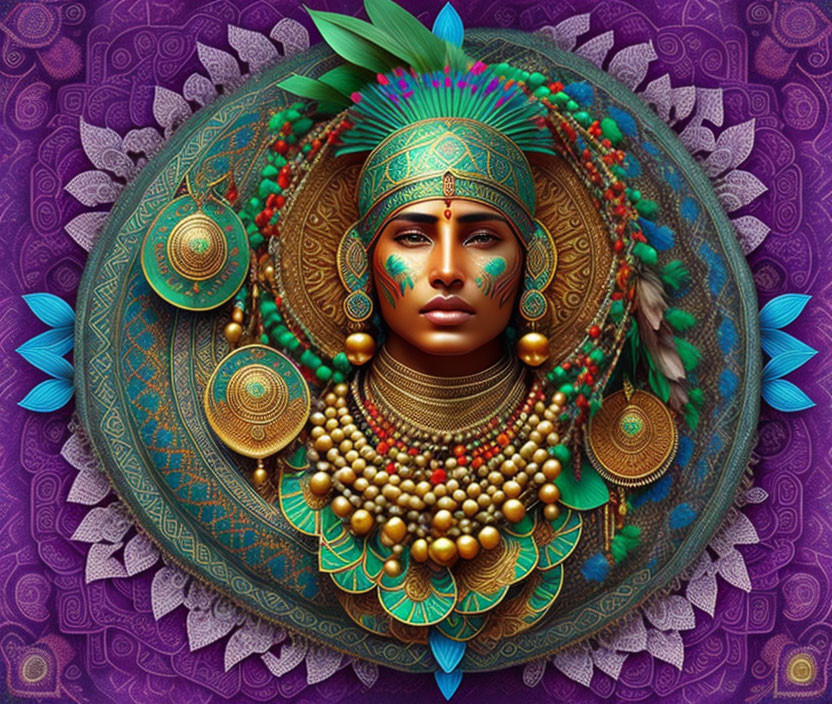 Vibrant digital artwork: Woman in ethnic jewelry and headdress in mandala frame