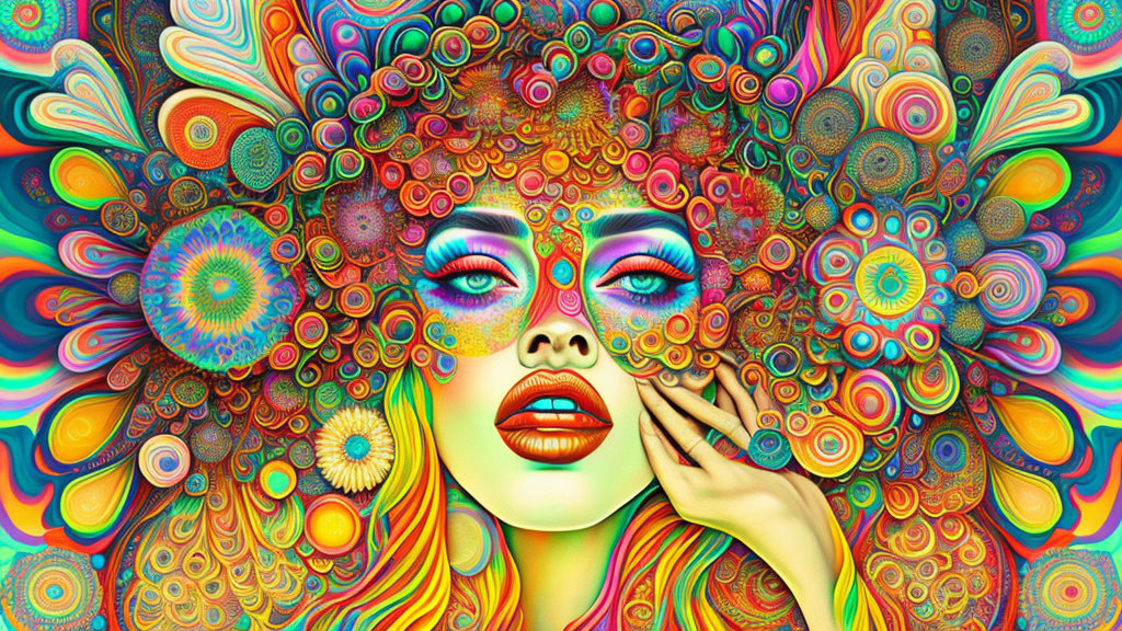 Colorful psychedelic artwork: Woman's face with intricate patterns