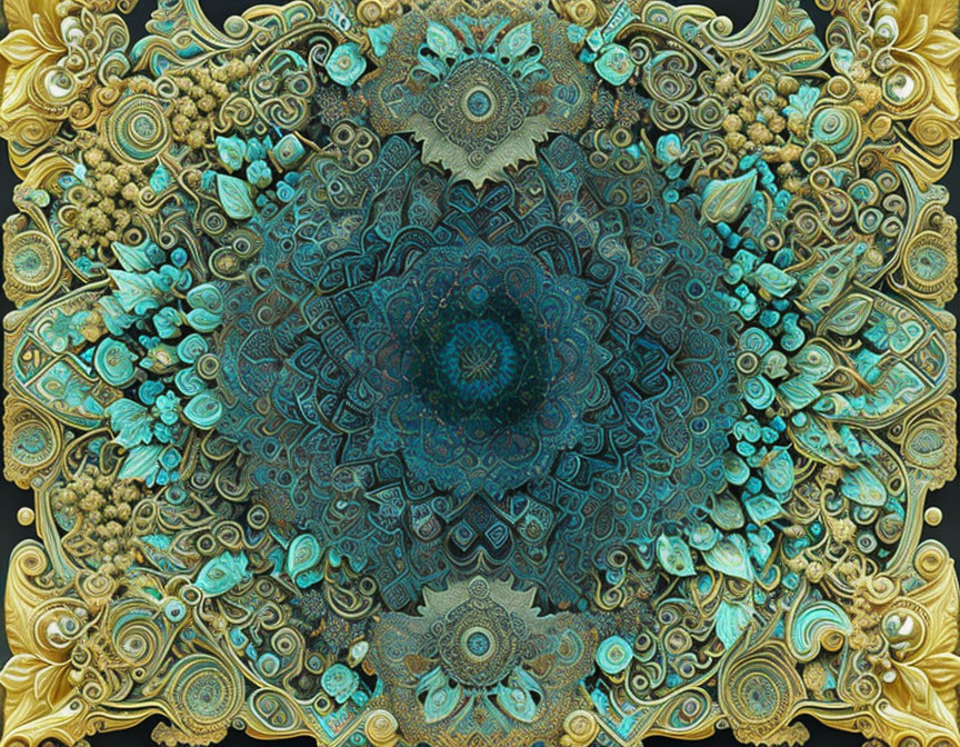 Intricate Turquoise and Gold Fractal Mandala Design