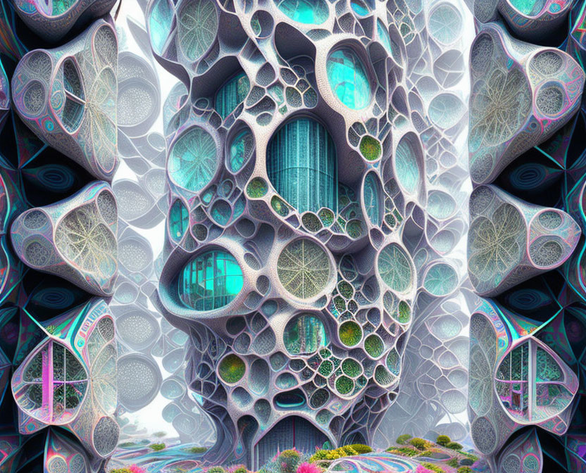 Colorful Fractal Design with Honeycomb Structure & Floral Landscape